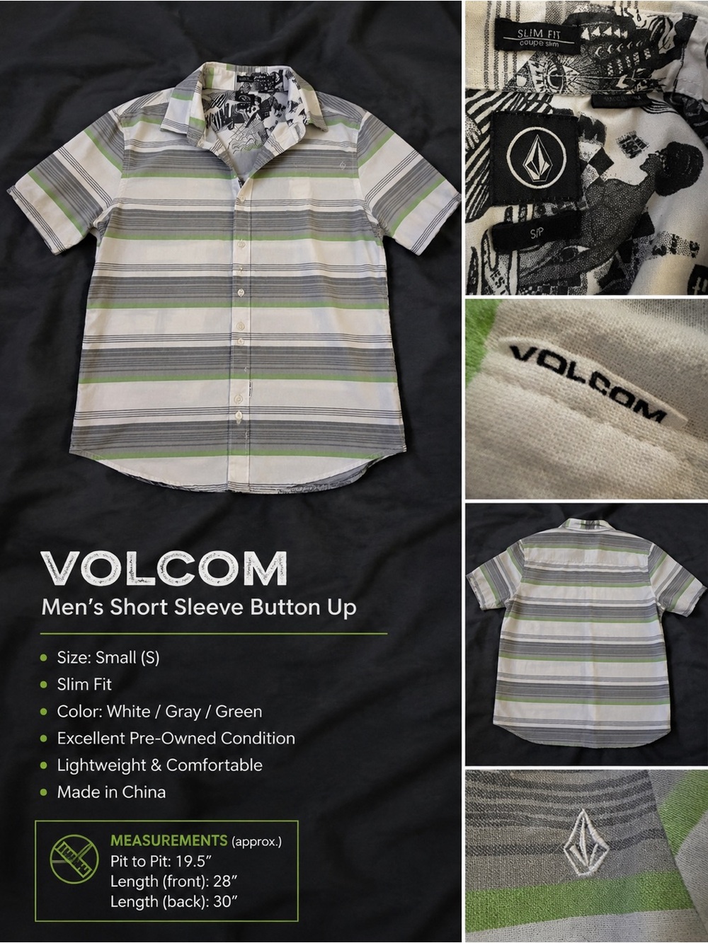 Volcom Slim Fit Short Sleeve Button-Up Shirt | White Gray Green | Men’s Small